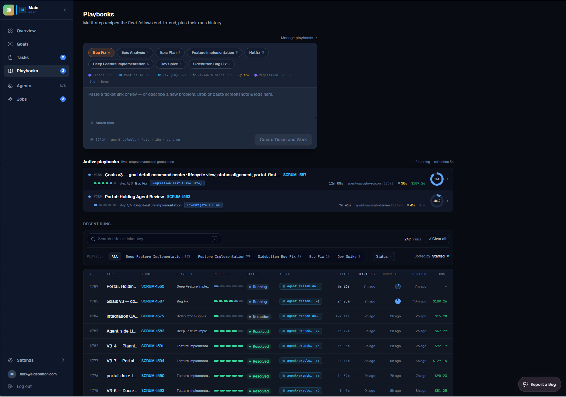 Playbooks page with the intake composer, two active runs showing live step progress, agents and cost, and the searchable history of recent runs