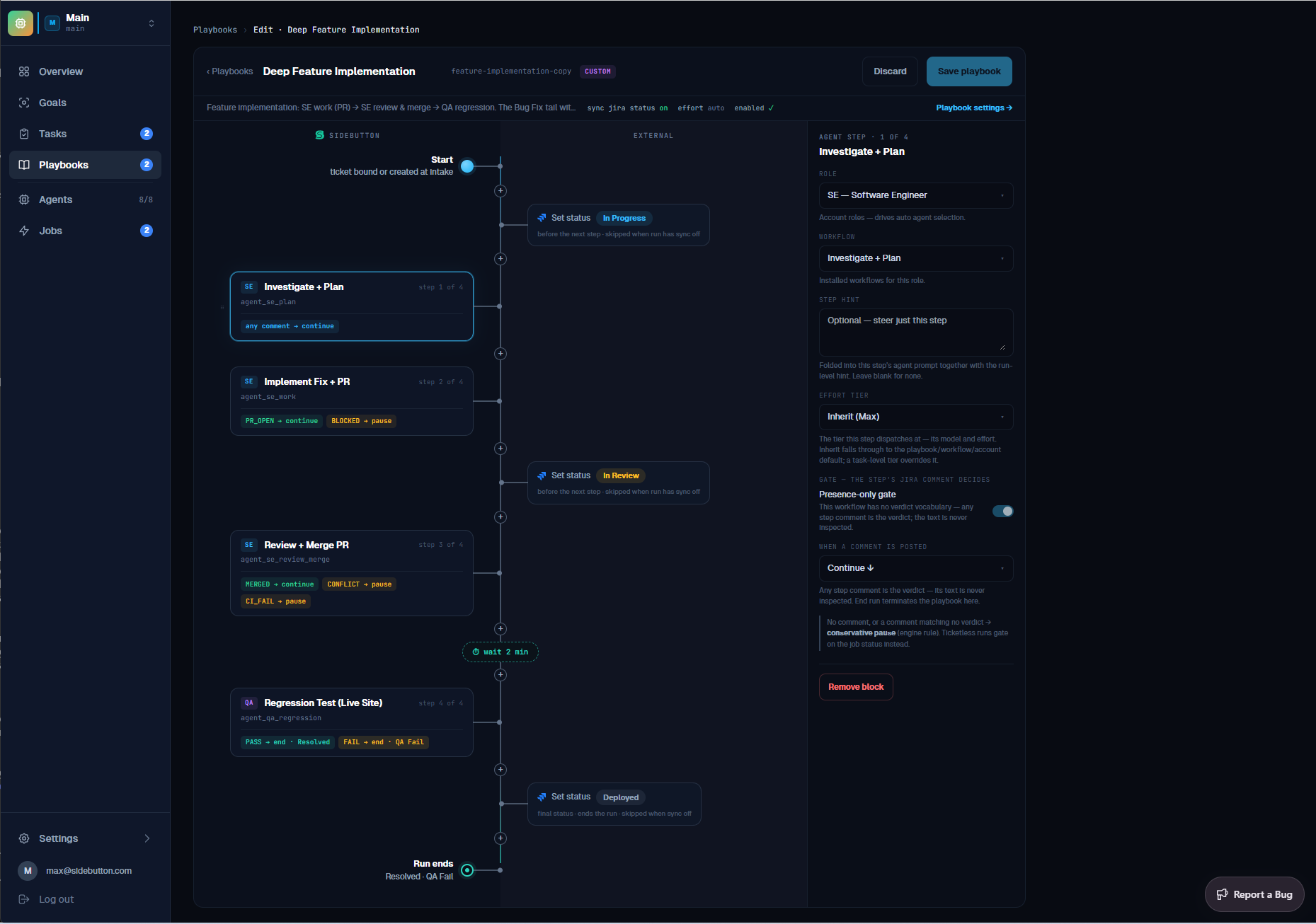 Playbook editor showing the Deep Feature Implementation flow: agent steps with verdict gate chips in one lane, tracker status updates in the other, and the step configuration panel with role, workflow, effort tier and gate settings