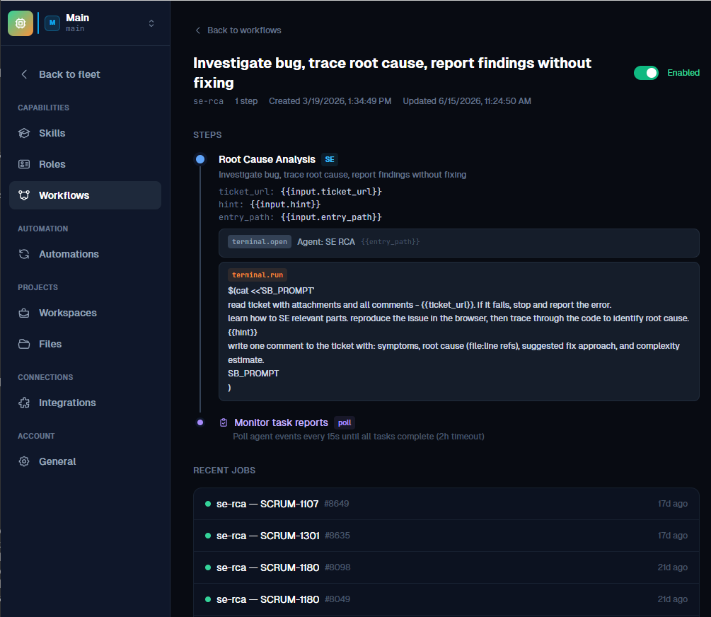 Workflow detail page showing the Root Cause Analysis steps with templated inputs, the mission prompt, and recent jobs