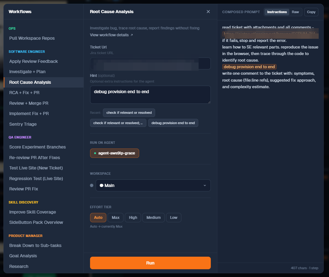 Run-workflow dialog with the Root Cause Analysis workflow selected, a ticket URL and hint filled in, an agent and effort tier chosen, and the composed prompt preview on the right