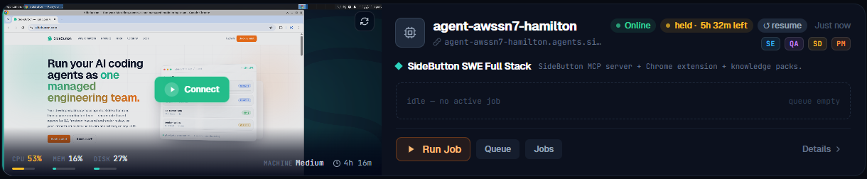 Agent card on the Agents page, Online, with Run Job, Queue and Jobs buttons
