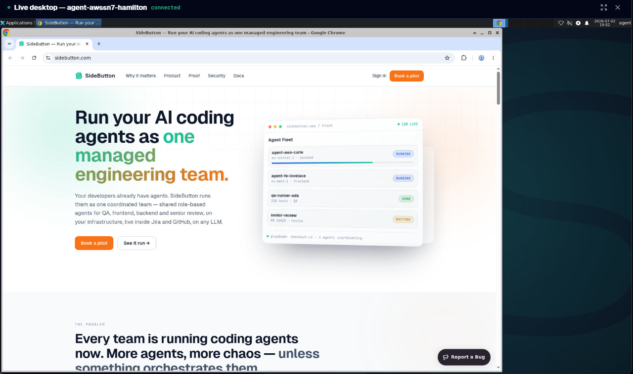 Live desktop connected, showing Chrome inside the agent VM