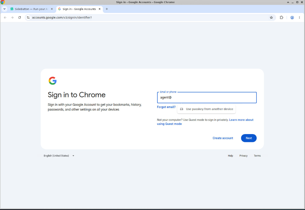 Google Sign in to Chrome page with the agent account e-mail being typed