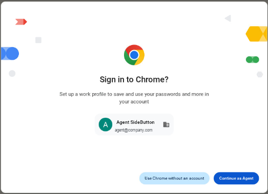 Sign in to Chrome dialog offering Continue as the agent account