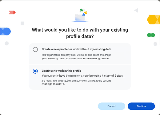 Existing profile data dialog with Continue to work in this profile selected