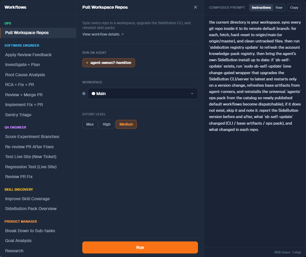 Run workflow dialog with Pull Workspace Repos selected for the agent