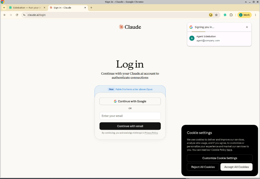 claude.ai Log in page with Google signing in the agent account automatically