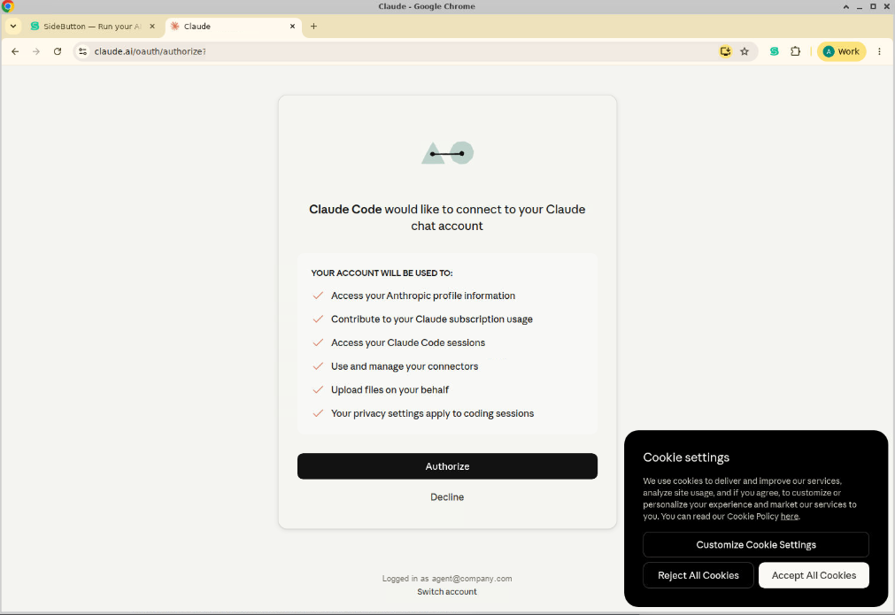 Consent screen: Claude Code would like to connect to your Claude account, with Authorize button