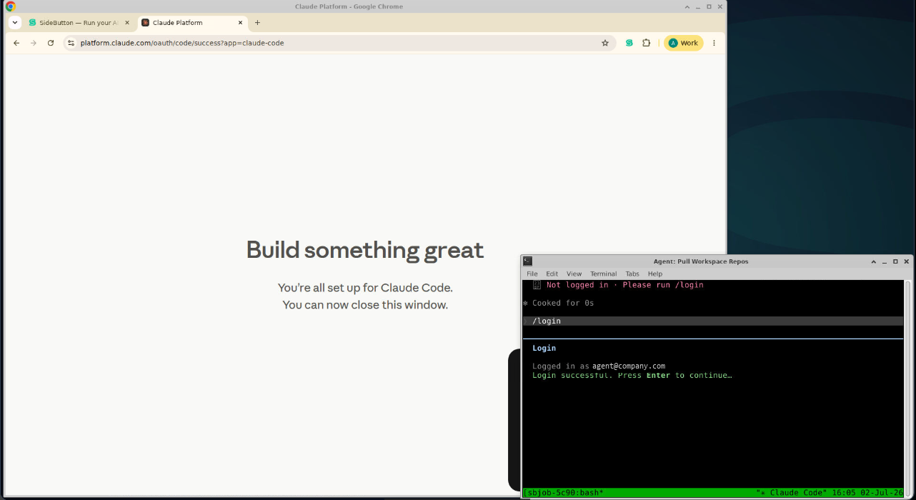 Success page in the browser next to the terminal showing Login successful