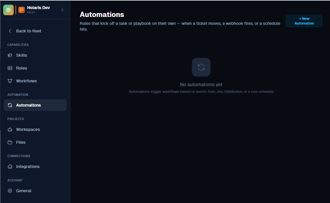 Automations page with the New Automation button and empty state
