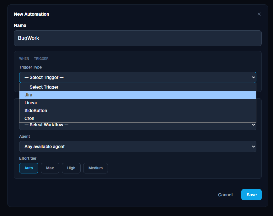 New Automation form with the trigger type dropdown open, showing Jira, Linear, SideButton and Cron