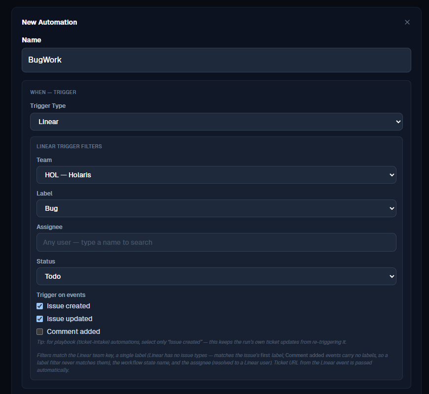 Linear trigger filters with team, label, assignee, status and event checkboxes configured