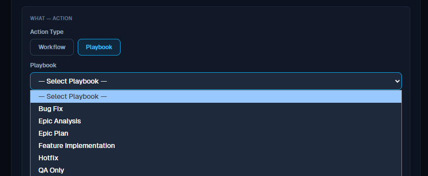 Action section with the playbook picker open, listing Bug Fix, Epic Analysis, Epic Plan, Feature Implementation, Hotfix and QA Only