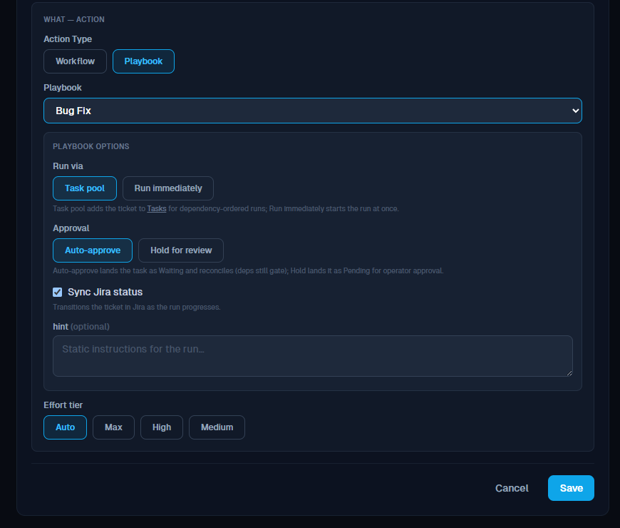 Playbook options showing Run via, Approval, Sync status, hint and effort tier