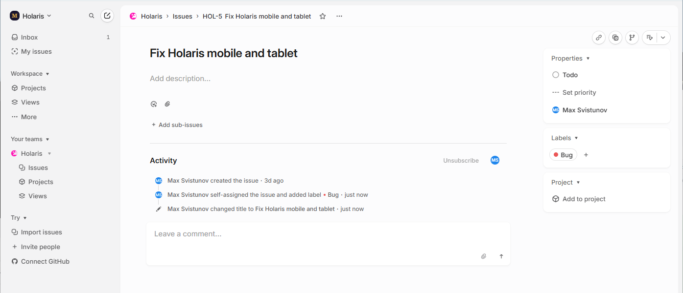 Linear issue in the Holaris team with the Bug label just added, in state Todo