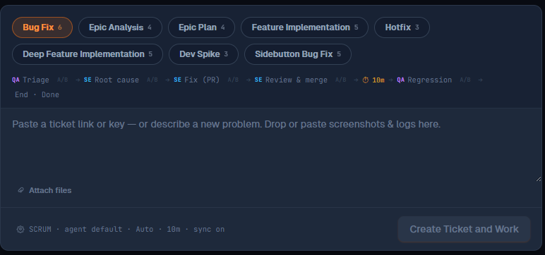 The intake card: recipe pills with step counts, the role-tagged step preview line, the description box with Attach files, and the options row above Create Ticket and Work