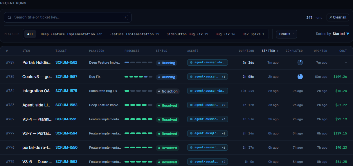 The Recent runs list: a search box, playbook and status facets, and rows with progress ribbons, status pills, agents, duration, timestamps and cost