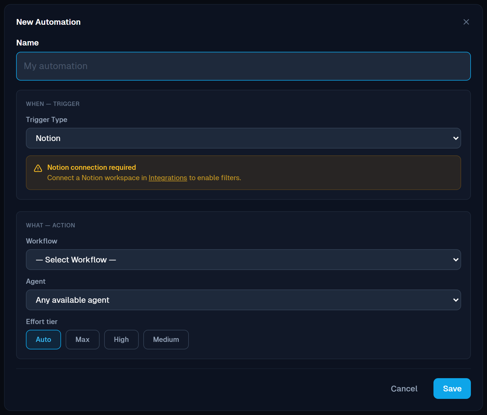 New Automation form with the trigger type set to Notion; a hint explains that a Notion workspace connection is required to enable filters