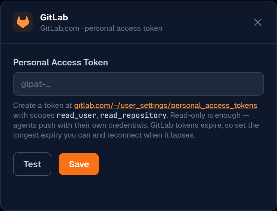 GitLab connect dialog on the Integrations page: personal access token field, required scopes hint, Test and Save actions