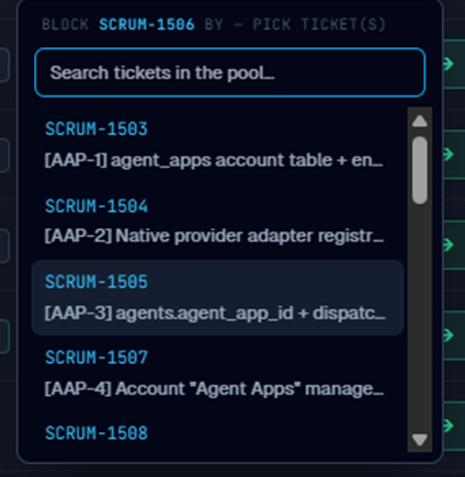 The "Block SCRUM-1506 by — pick ticket(s)" popover with a search box and a scrollable list of pooled tickets to choose as blockers